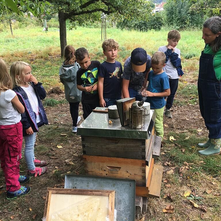 Kindergruppe Wilde Bienen zu Besuch beim Imker, Foto Ulrich Geißler